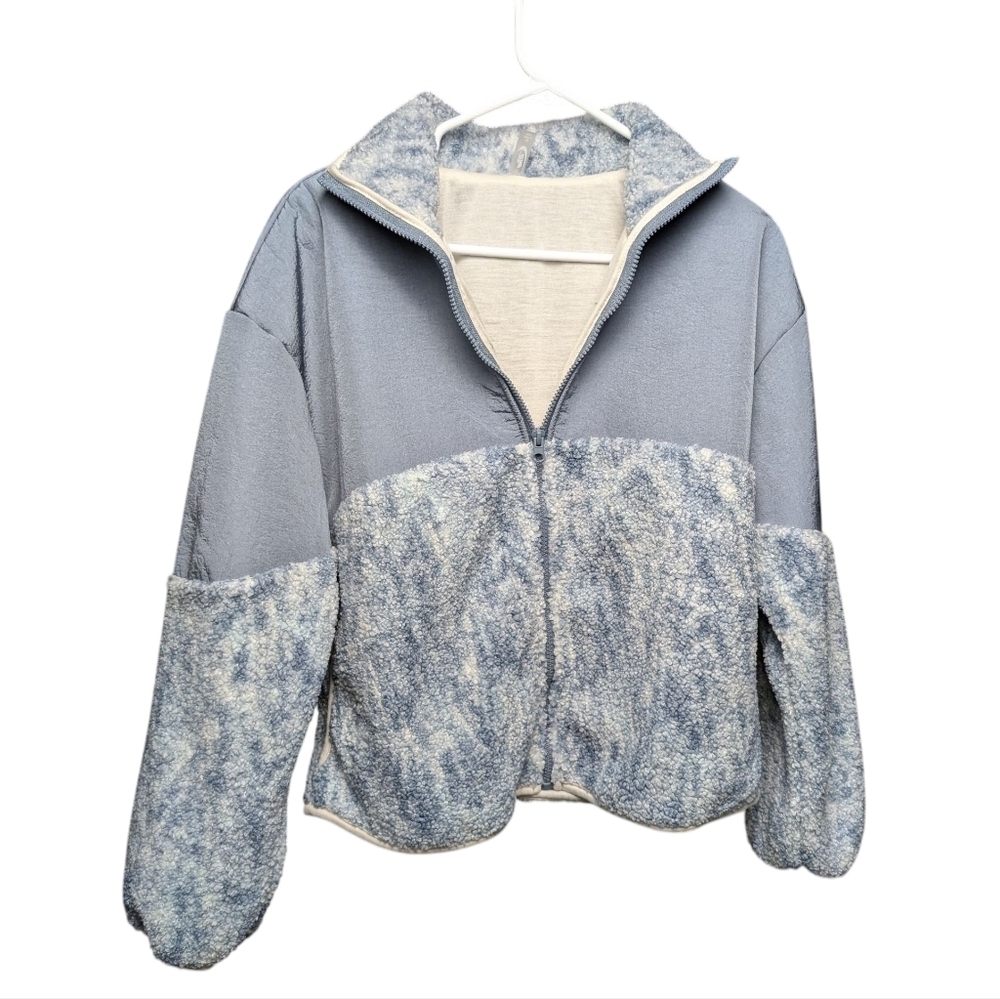 New Cozy Blue White Fleece Jacket Full Front Zipper Fast Dry Recycled Polyester - Picture 3 of 10